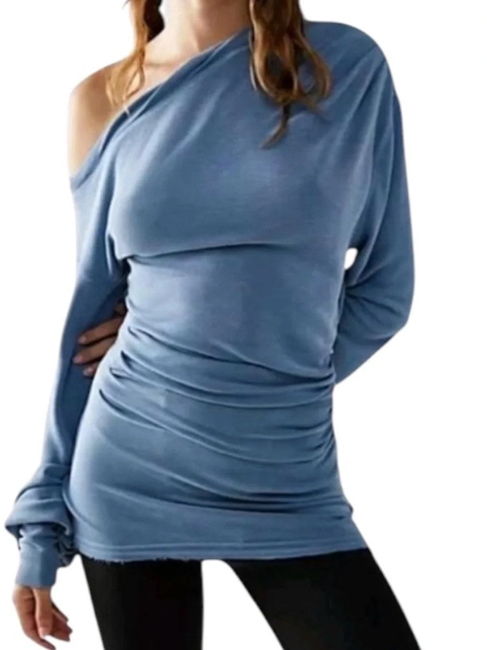 Free People Care All Day Tunic Size Large Blue Off Shoulder Slouchy Oversized